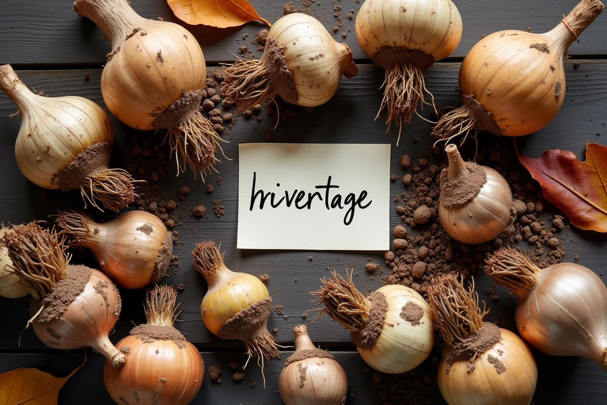 Collection de bulbes de jardin posés sur un établi en bois pour l'hivernage