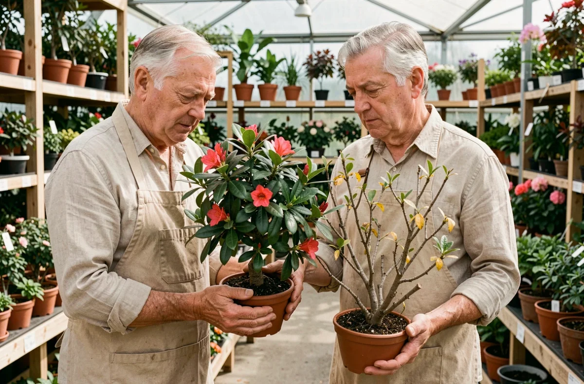 Homme comparant un azalée sain et un azalée dépérissant dans une jardinerie, illustration de la durée de vie et des maladies