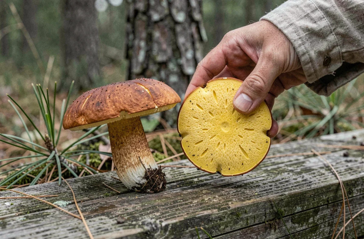 Comparaison côte à côte d'un bolet comestible à chair jaune et d'un sosie toxique sur une surface en bois en forêt, main de cueilleur montrant la coupe transversale jaune vif