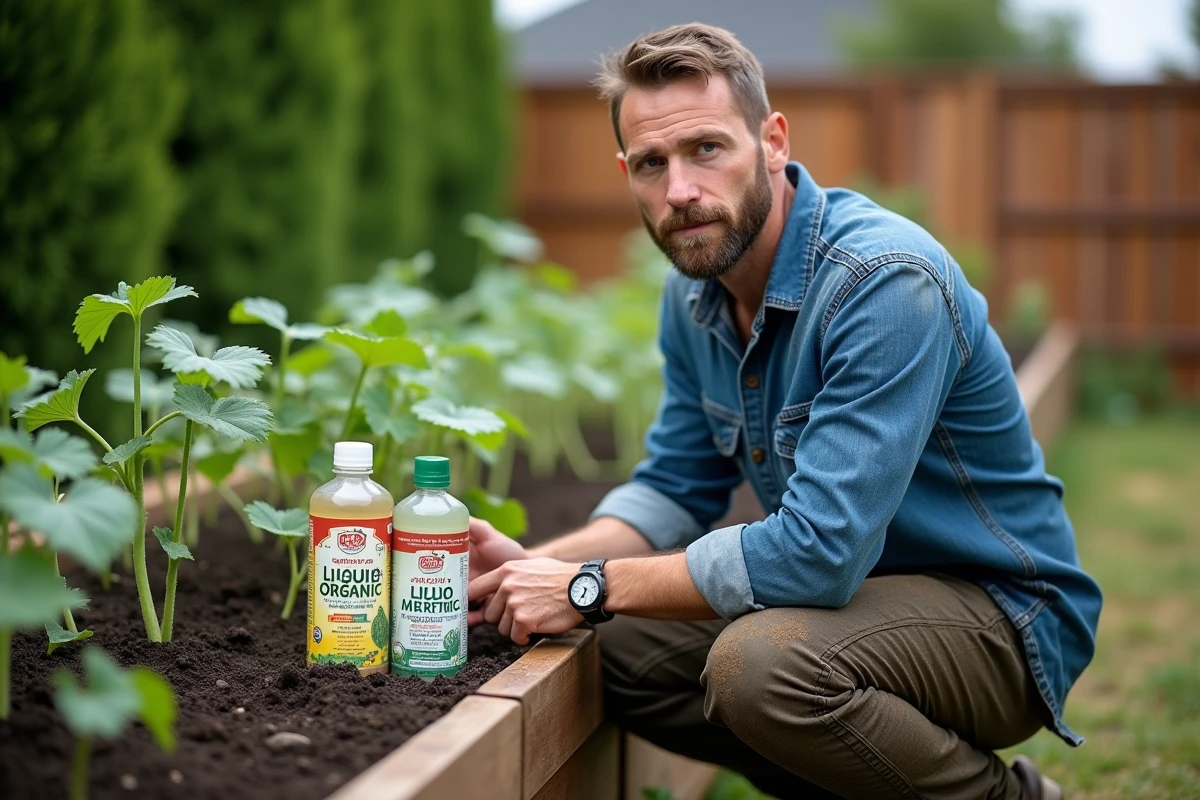 Homme comparant deux engrais liquides organiques pour concombres devant un carré potager surélevé en bois