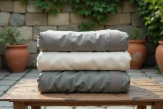 Housses de meubles d'extérieur en différents matériaux polyester toile et acrylique comparées sur table de jardin en bois
