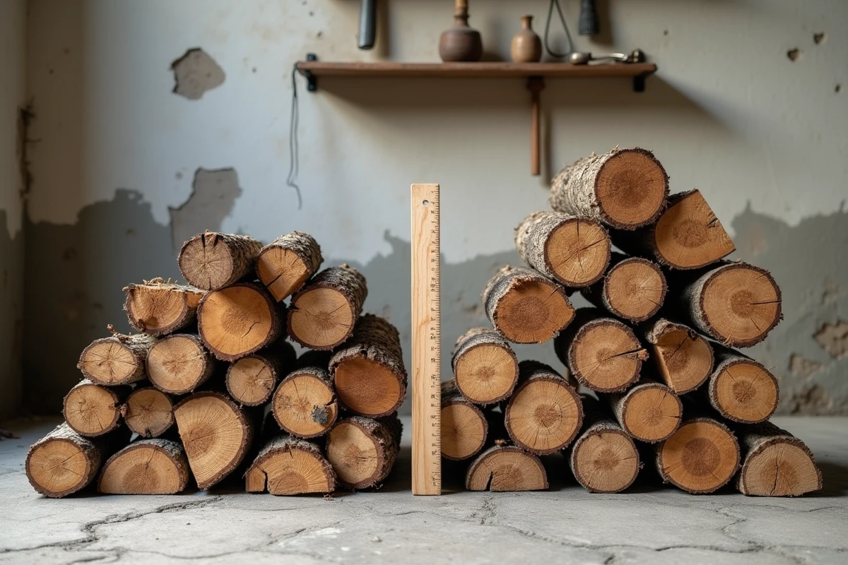 Comparaison de deux stères de bois bien et mal empilés avec une règle pliante dans une cour de ferme
