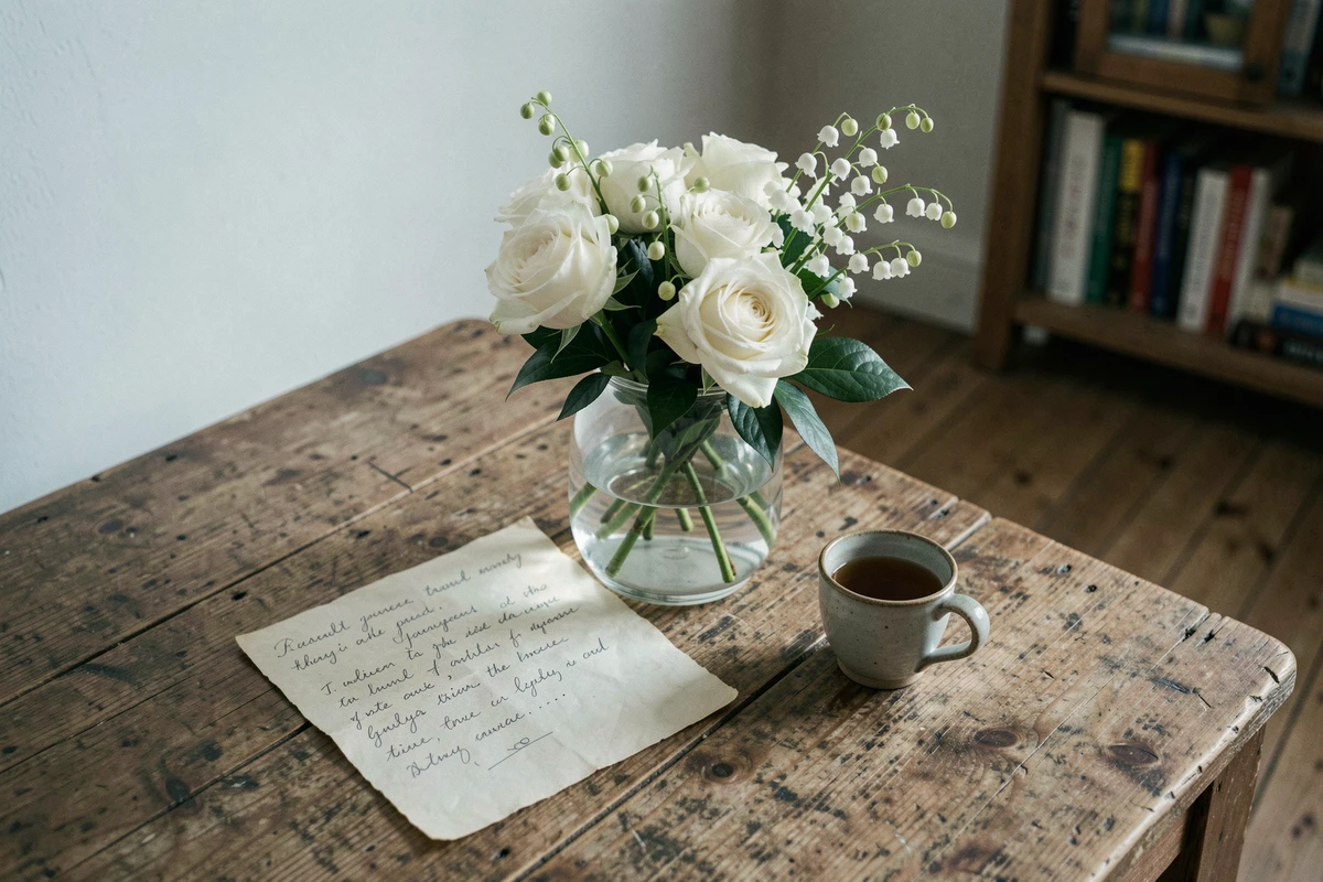 Composition de fleurs blanches roses et muguet dans un vase en verre sur table en bois évoquant la pureté des sentiments