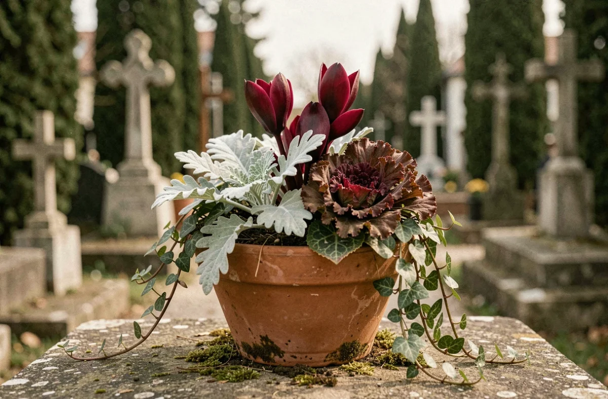 Composition florale hivernale pour la Toussaint avec cyclamen bordeaux, chou ornemental et dusty miller sur une tombe en pierre