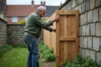 Homme examinant un panneau de clôture en bois posé contre un mur mitoyen dans un jardin résidentiel