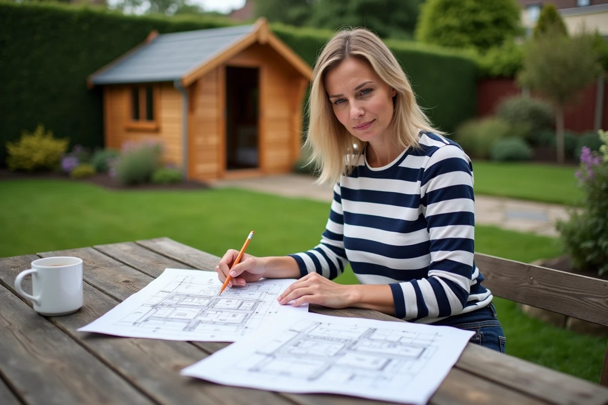 Femme consultant des plans et réglementations pour un abri de jardin sans permis de construire dans un jardin résidentiel