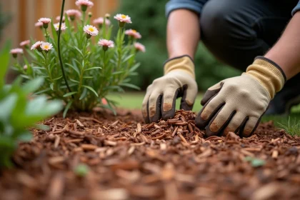 Jardinier épandant des copeaux de bois autour d'un arbuste pour empêcher la pousse des mauvaises herbes