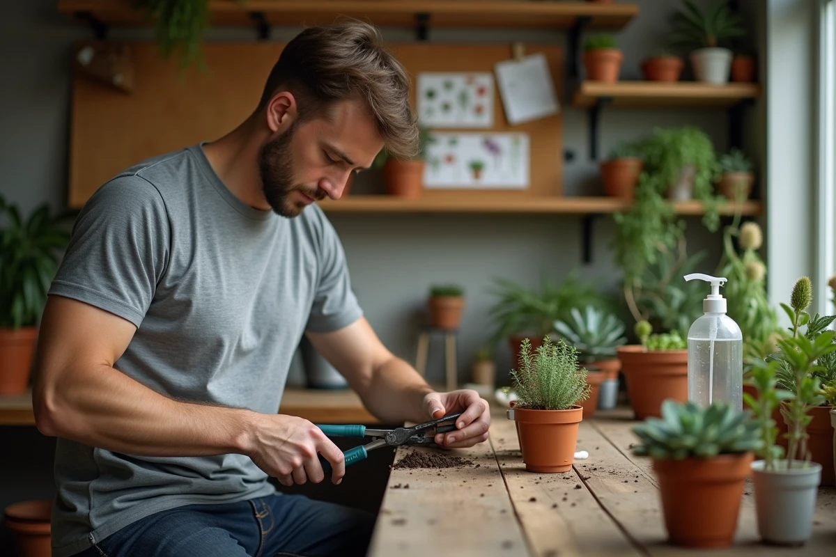 Homme réalisant une coupe en biseau sur une tige de plante succulente pour bouturage sur un établi en bois