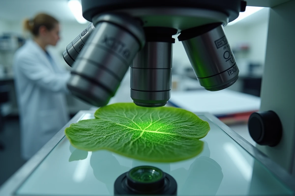 Coupe transversale de feuille d'épinard observée au microscope en laboratoire, montrant les chloroplastes et la structure cellulaire liée à la photosynthèse