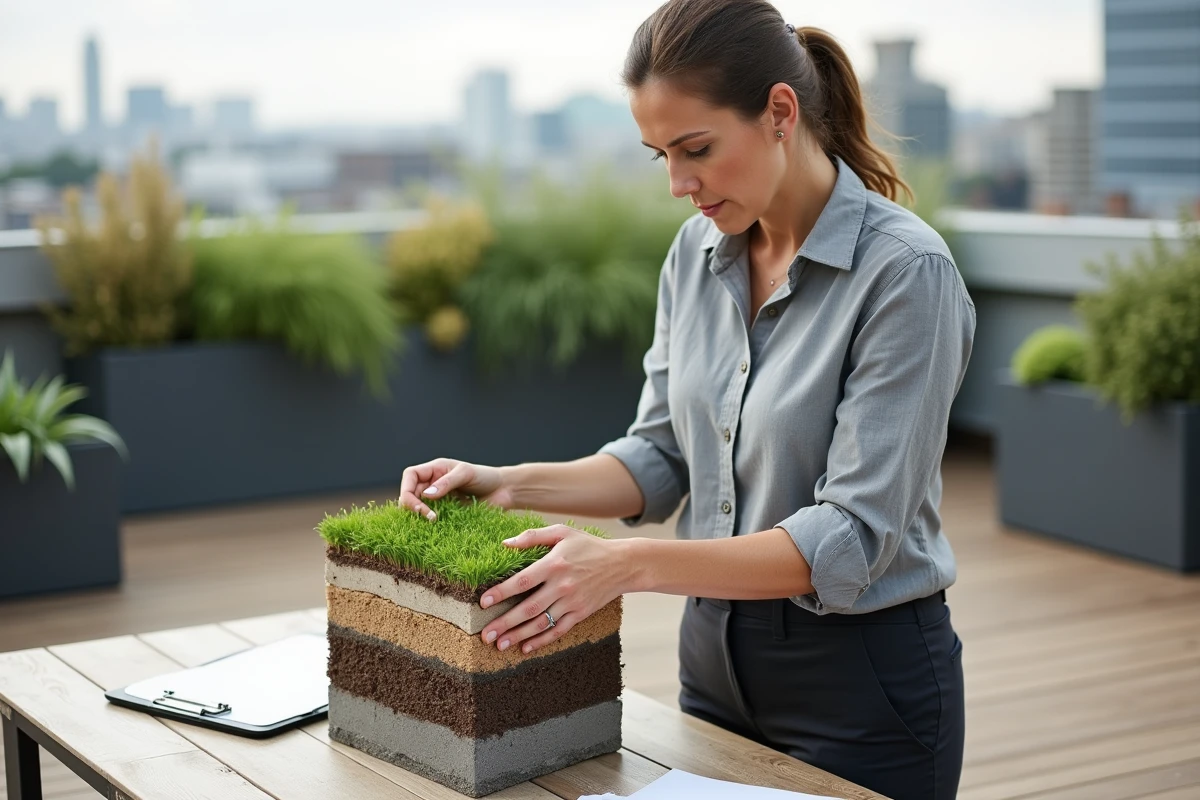 Professionnelle du bâtiment analysant la coupe stratigraphique d'un complexe de toiture végétalisée extensive sur une terrasse urbaine