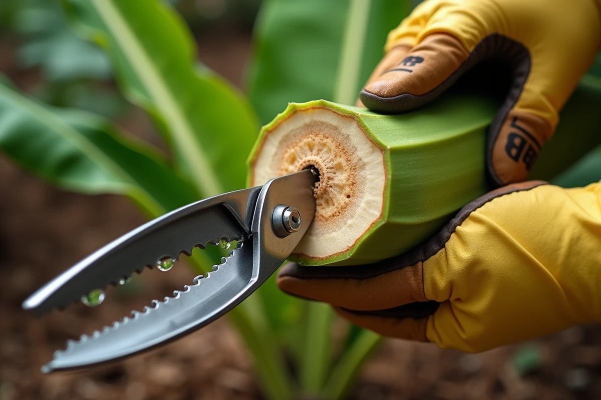 Gros plan sur la coupe du tronc d'un bananier avec un sécateur de jardin avant l'hiver