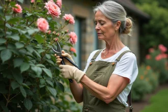Femme jardinière coupant les boules de roses fanées sur un rosier en été avec un sécateur