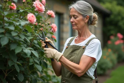 Femme jardinière coupant les boules de roses fanées sur un rosier en été avec un sécateur