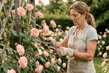 Femme jardinière coupant une longue tige de rosier avec un sécateur dans un jardin fleuri en été