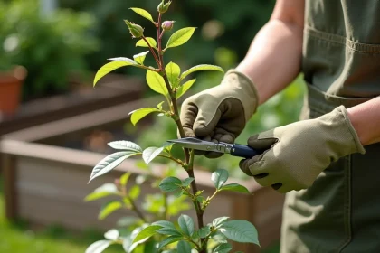 Femme qui coupe une tige de rosier avec un sécateur pour faire une bouture dans un jardin