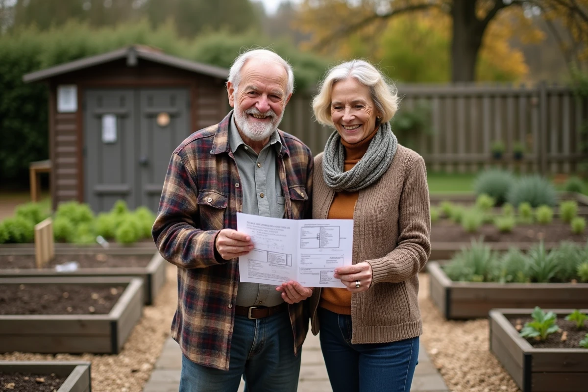 Couple de retraités visitant un jardin familial municipal et consultant le plan de leur parcelle attribuée