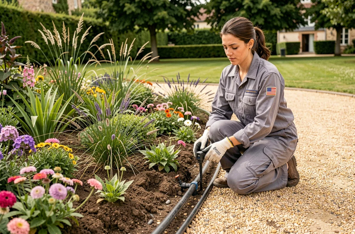 Technicienne de CQM Paysages installant un système d'irrigation dans un espace vert aménagé