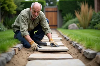 Homme posant une pierre plate sur un lit de sable pour créer un chemin de pierre dans un jardin résidentiel