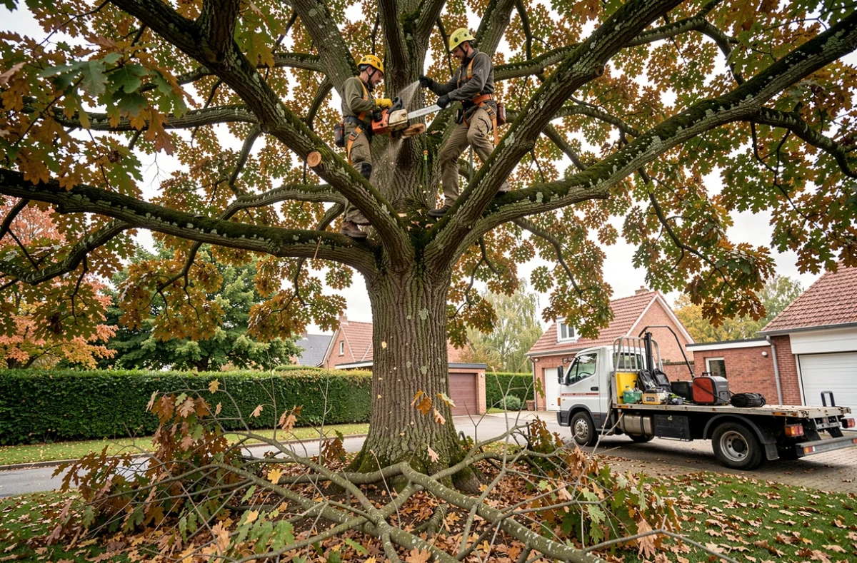 Arboriste de l'entreprise Cresson Élagage 45 effectuant un élagage en hauteur sur un grand chêne dans le Loiret