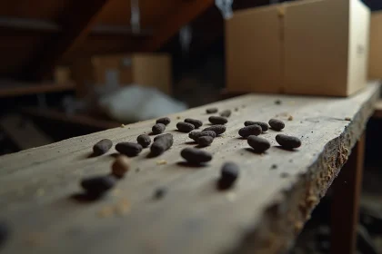 Crottes de loir sur une poutre en bois dans un grenier, petites et allongées, typiques d'une infestation de loir dans une maison