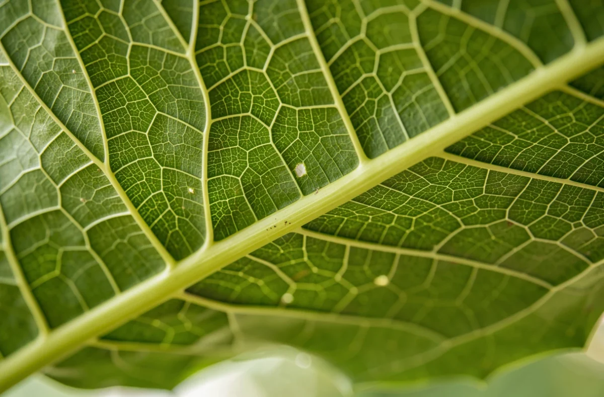 Dessous d'une feuille verte en gros plan, nervures visibles