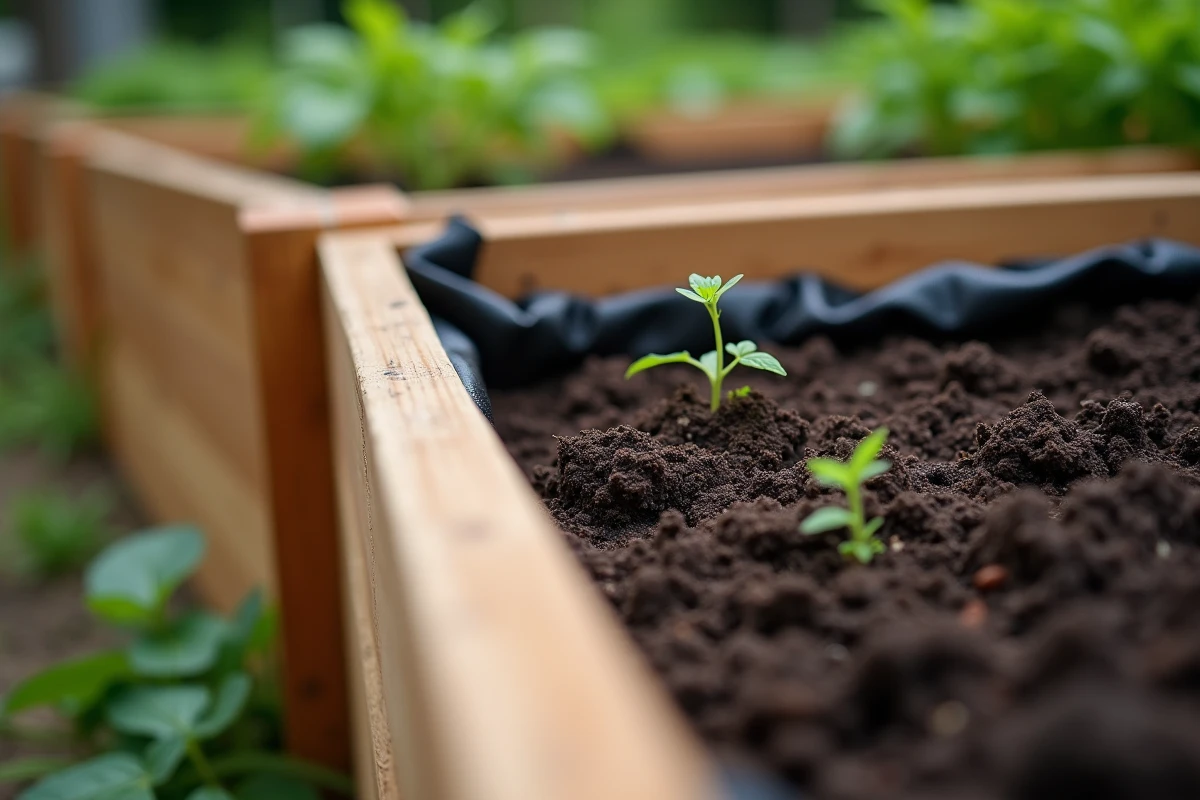 Gros plan sur l'angle intérieur d'un potager surélevé tapissé d'une barrière anti-racines noire avec du terreau