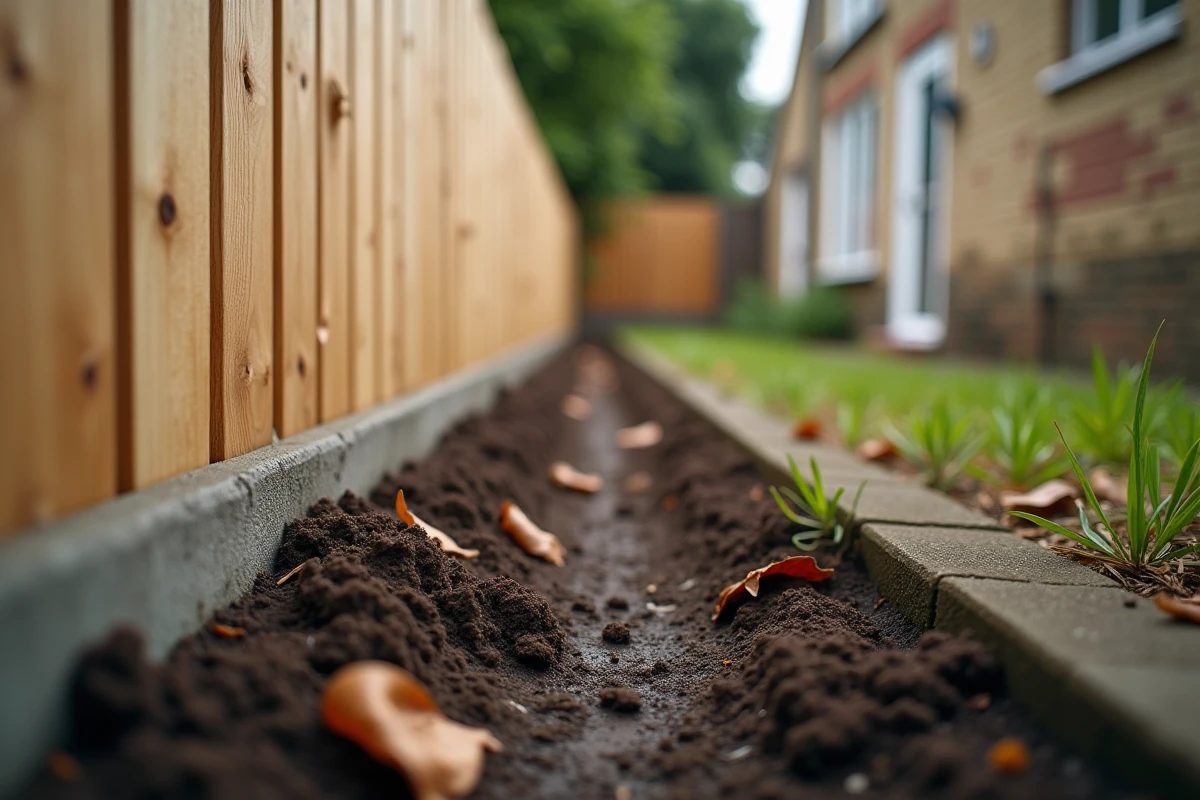 Détail d'une clôture en bois installée à côté d'un mur de limite de propriété avec un espace visible entre les deux