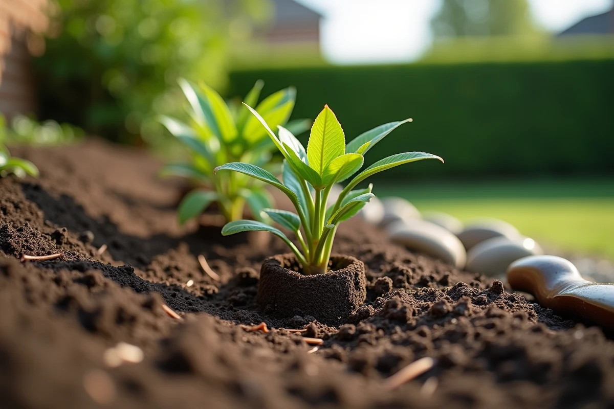 Détail de jeunes arbustes plantés en courbes de niveau sur un talus avec anneau de rétention d'eau