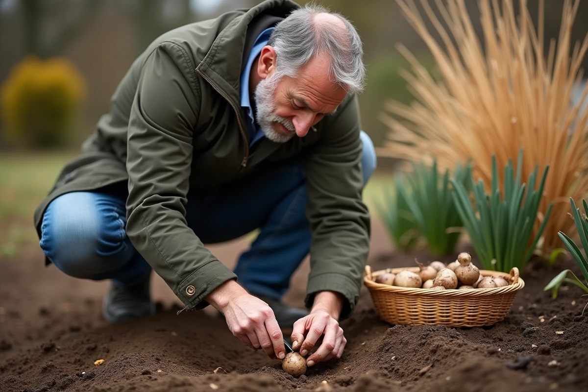Homme déterrant des bulbes de jonquilles dans un massif en fin d'automne