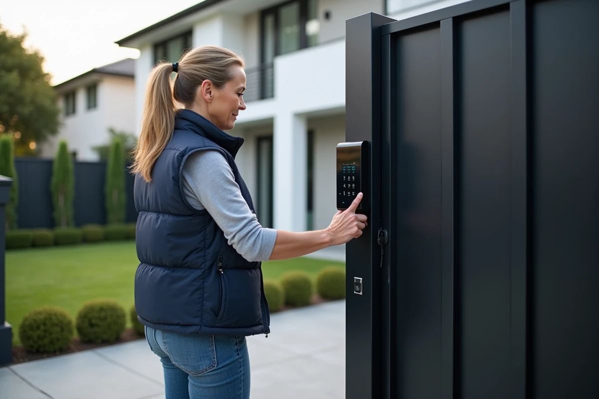 Femme testant un digicode électronique sur un portail en aluminium pour améliorer la sécurité de l'entrée d'une propriété