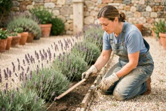 Jardinière espaçant des plants de lavande en rang dans un jardin provençal avec une règle en bois, technique de plantation pour la longévité