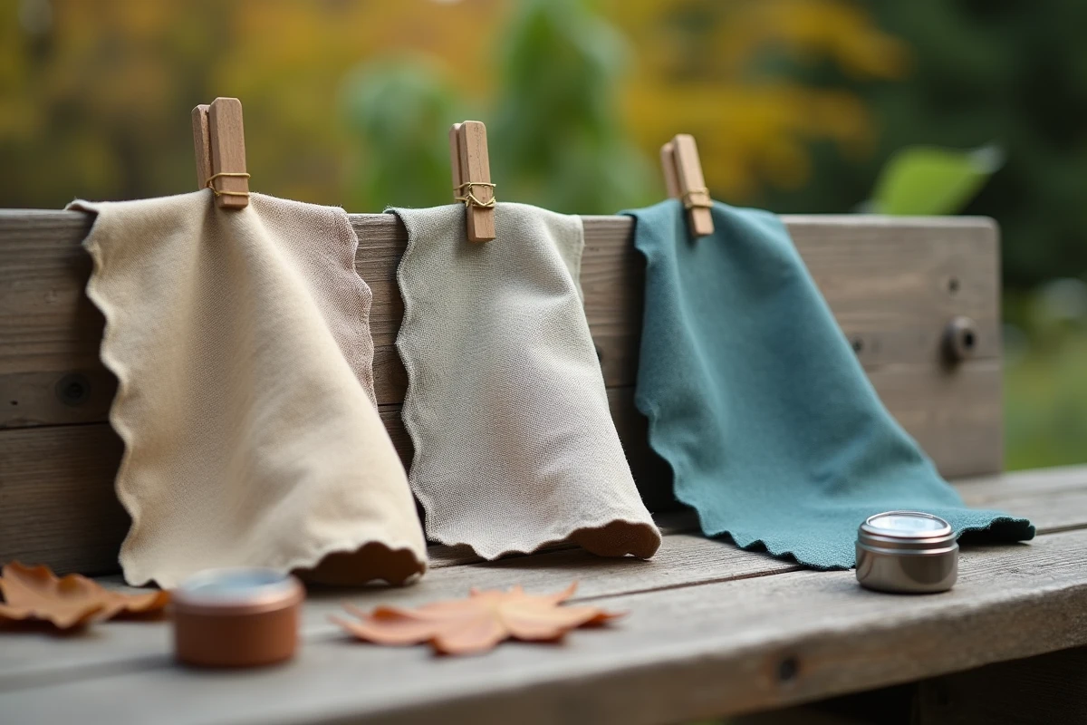 Gros plan de trois échantillons de tissus pour housses extérieures acrylique PVC et polyester comparés sur planche en bois