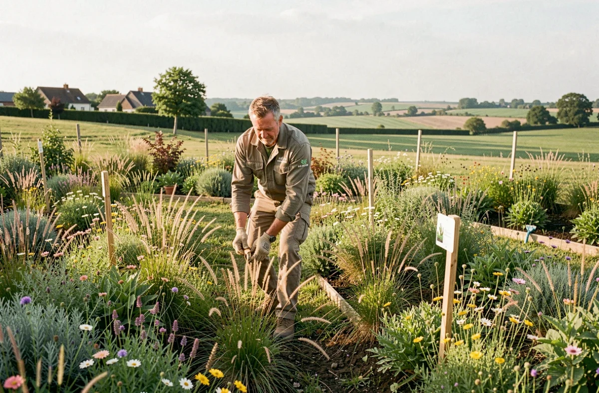 Professionnel d'Eco Systemes Dl aménageant une prairie fleurie écologique dans une propriété du Loiret