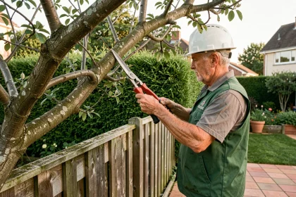 Élagueur professionnel coupant une branche surplombant la clôture du voisin dans un jardin suburban