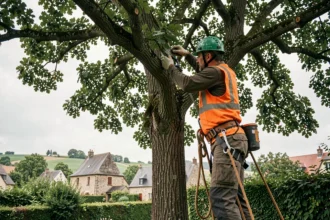 Élagueur professionnel grimpant dans un grand chêne pour l'élagage en Moselle