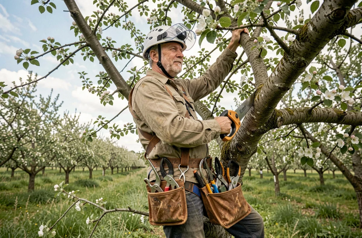 Élagueur dans la cinquantaine équipé d'un harnais et d'une scie professionnelle grimpant dans un pommier en verger au printemps