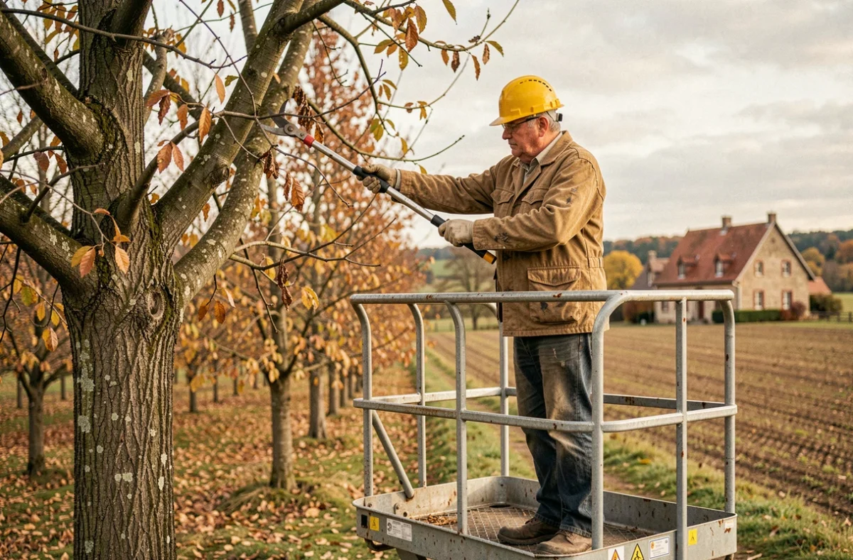 Élagueur sur nacelle élévatrice inspectant un noyer dans un verger de Moselle en automne