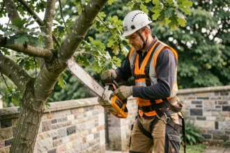 Élagueur professionnel à Angers travaillant en hauteur sur un chêne avec équipement de sécurité certifié