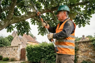 Élagueur professionnel portant un équipement de sécurité en train d'élaguer un grand chêne dans un jardin résidentiel aux Herbiers en Vendée