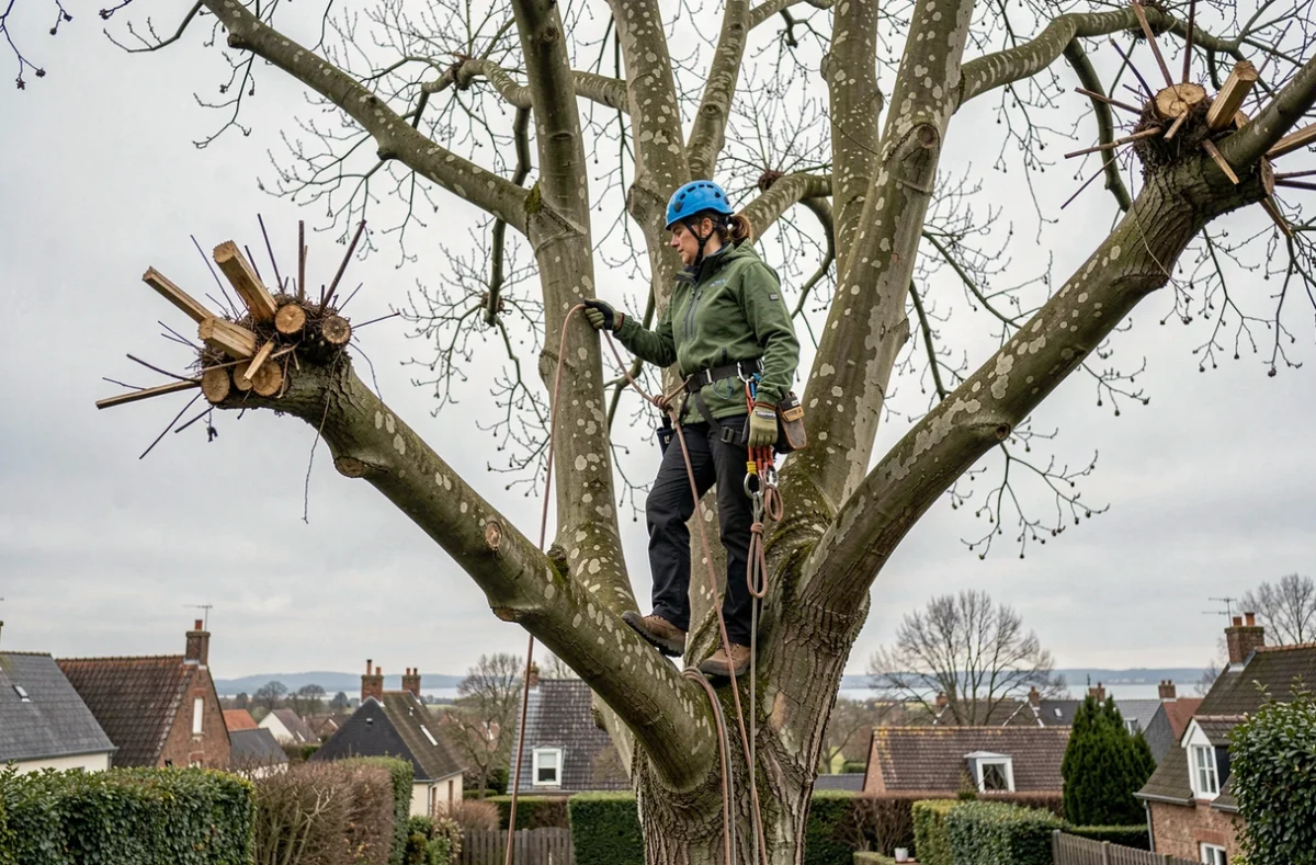 Élagueuse en pleine inspection d'un arbre en hauteur dans un jardin résidentiel d'Angers