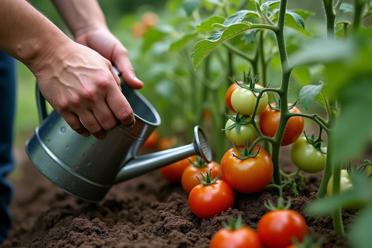 Gros plan sur l'arrosage d'un plant de tomates avec de l'engrais liquide pour accélérer sa croissance