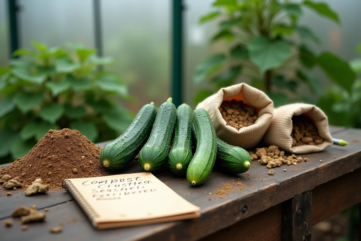 Nature morte d'engrais naturels pour concombres sur une table de rempotage en bois, avec concombres frais, compost et algues séchées