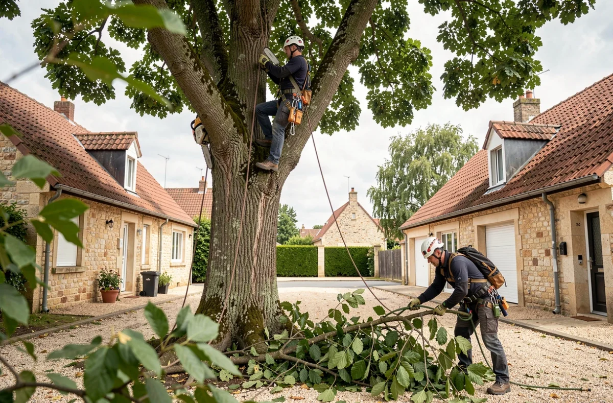 Deux élagueurs en harnais travaillant en équipe sur un grand châtaignier devant une maison résidentielle aux Herbiers