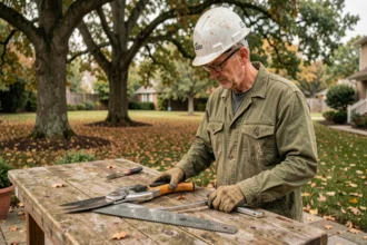 Élagueur professionnel inspectant un sécateur et une scie d'élagage sur un établi en bois dans un jardin résidentiel en automne