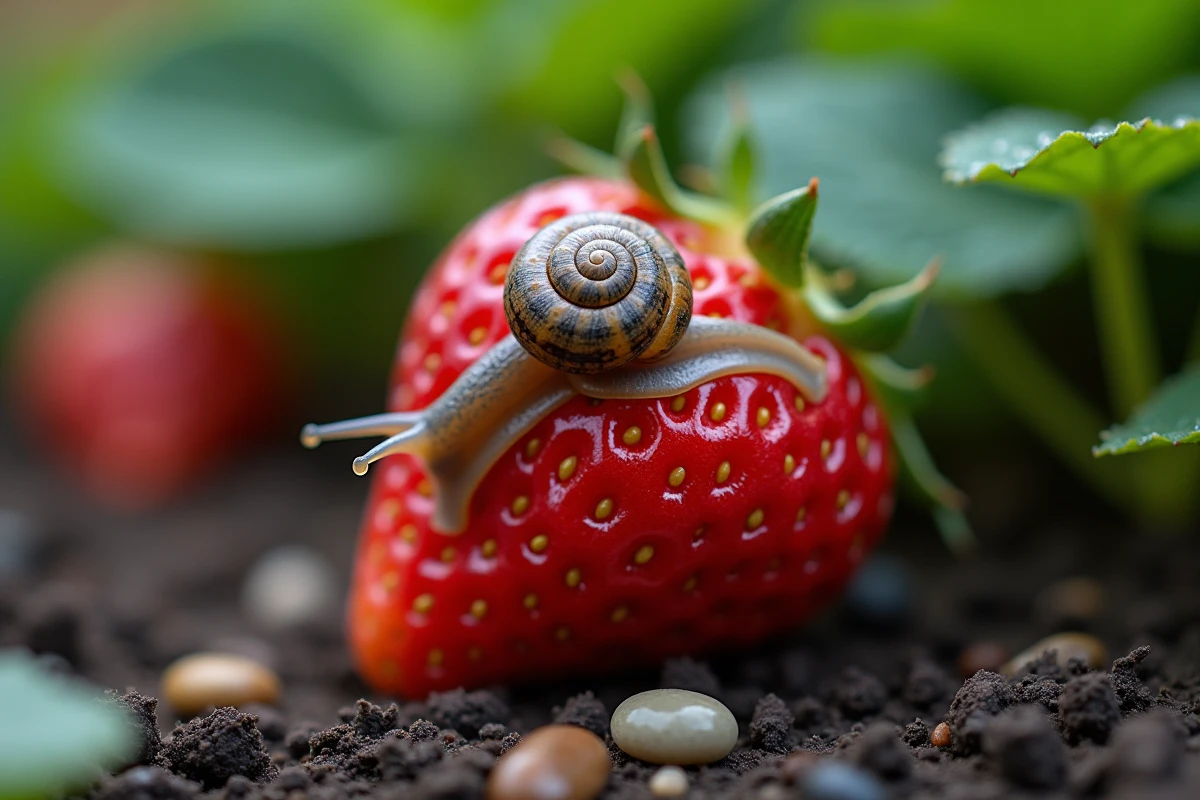 Escargot de jardin sur une fraise mûre avec traces de mucus, dans un carré de fraisiers humides