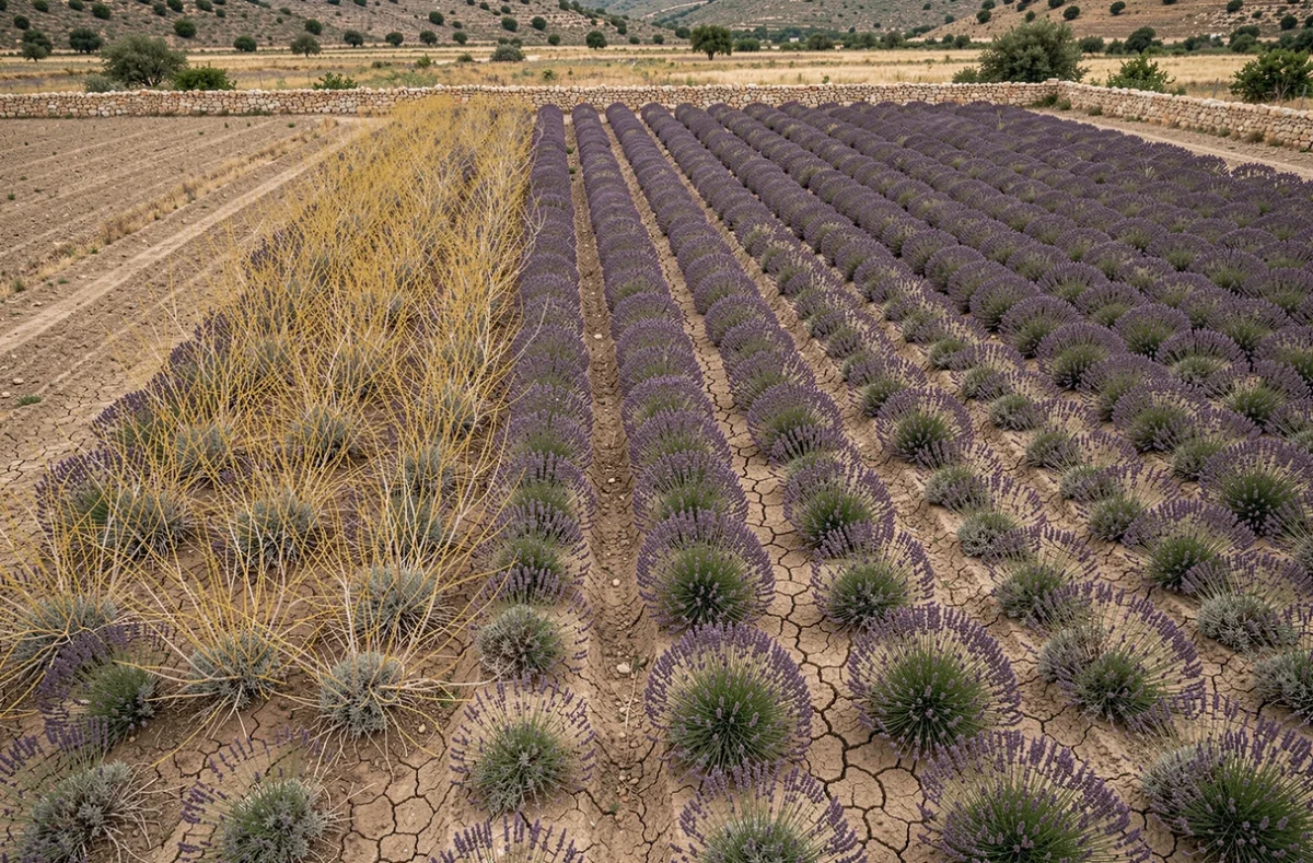 Vue aérienne d'un champ de lavande avec espacement régulier des rangées illustrant l'impact de la distance de plantation sur la santé et la longévité des plants