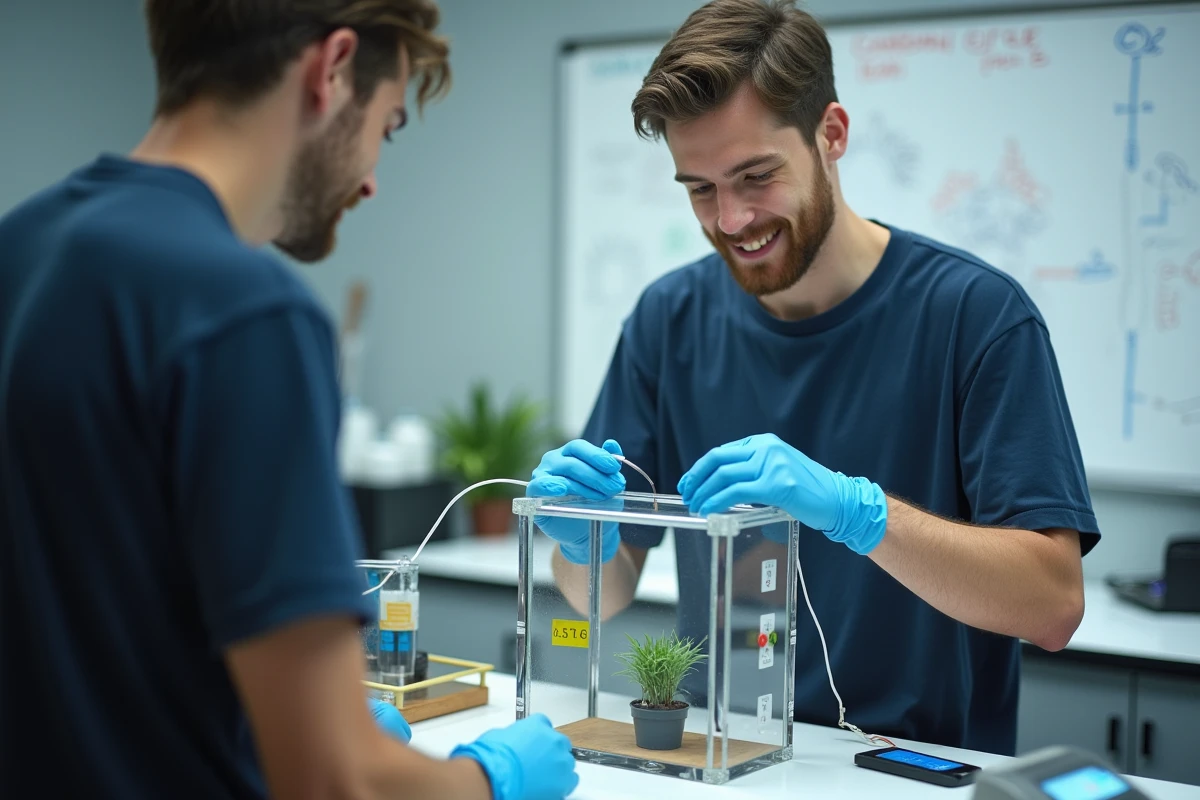 Étudiant en biologie réalisant une expérience sur le CO2 et la photosynthèse avec une plante en chambre close
