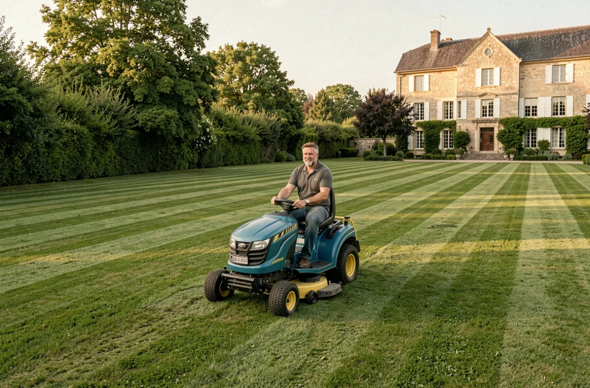 Professionnel de F Davignon Jardins Services tondant une grande pelouse avec un tracteur tondeuse dans le Loiret