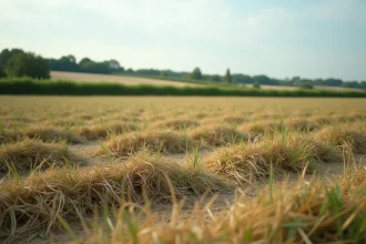 Andains de fauche tardive dans une prairie naturelle avec tiges de fleurs sauvages et graminées coupées en été