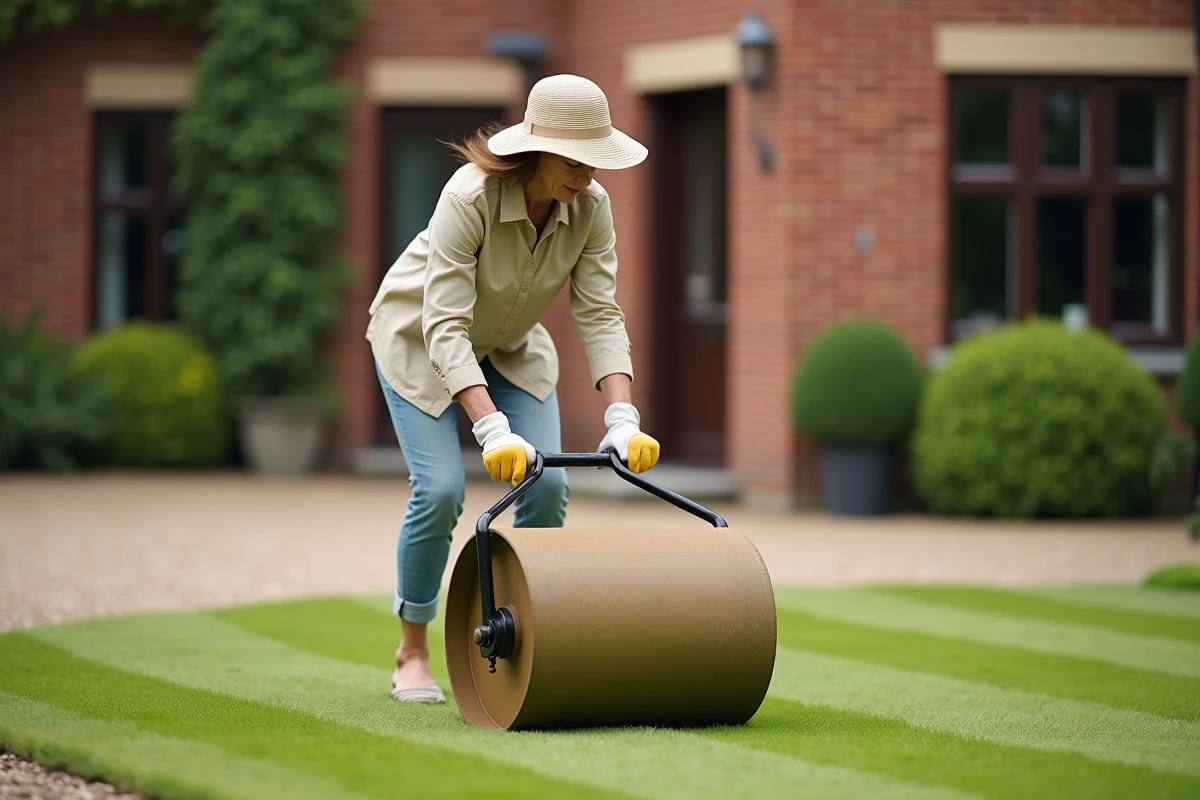 Femme utilisant un rouleau cylindrique pour aplanir une pelouse dans un jardin résidentiel
